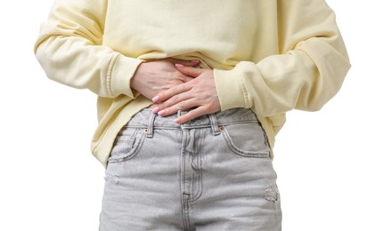 Photo of Woman suffering from cystitis symptoms on white background, closeup