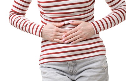 Photo of Woman suffering from cystitis symptoms on white background, closeup