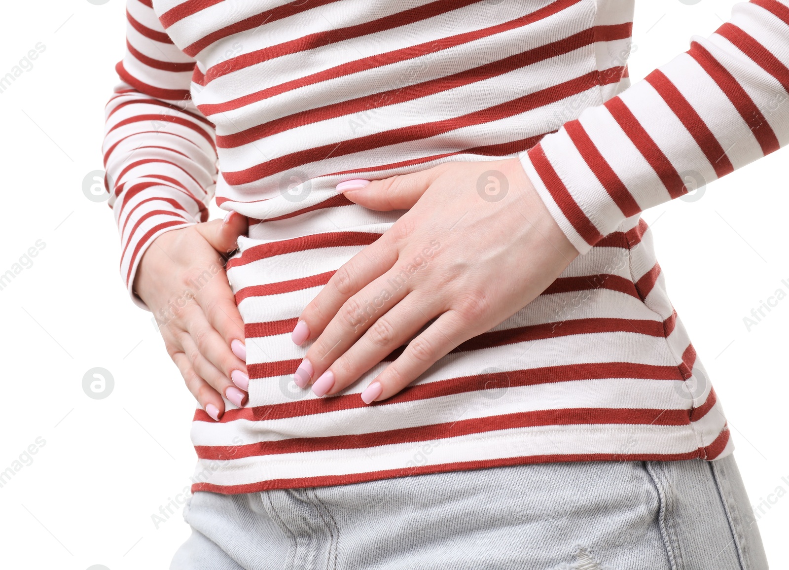 Photo of Woman suffering from cystitis symptoms on white background, closeup