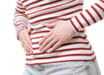 Photo of Woman suffering from cystitis symptoms on white background, closeup