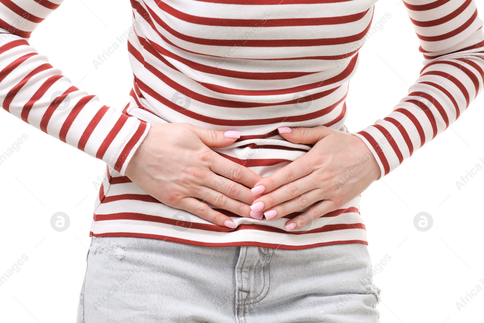 Photo of Woman suffering from cystitis symptoms on white background, closeup