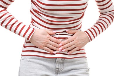 Photo of Woman suffering from cystitis symptoms on white background, closeup