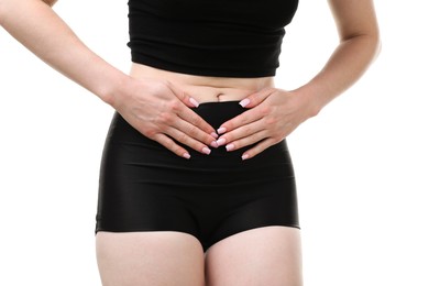 Photo of Woman suffering from cystitis symptoms on white background, closeup