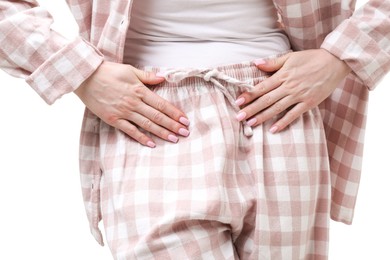 Photo of Woman suffering from cystitis symptoms on white background, closeup
