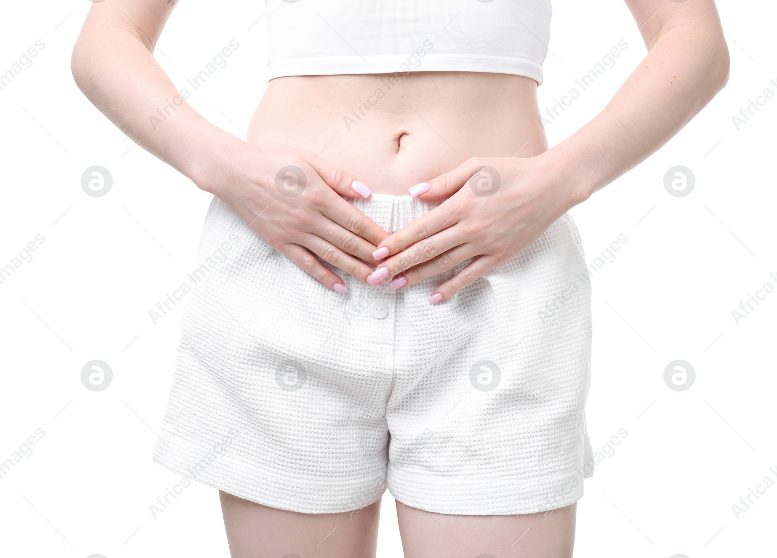 Photo of Woman suffering from cystitis symptoms on white background, closeup
