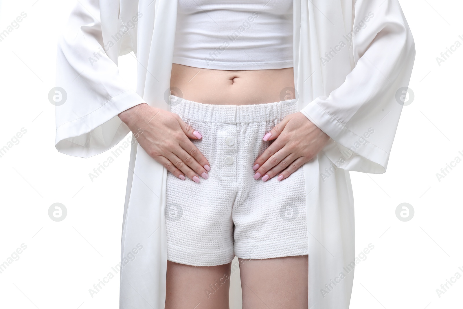 Photo of Woman suffering from cystitis symptoms on white background, closeup