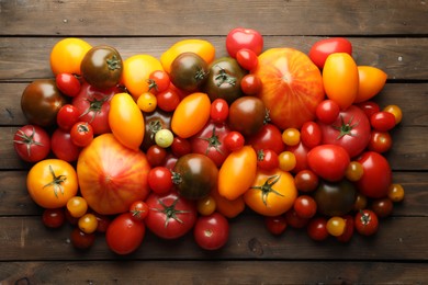 Photo of Many different ripe tomatoes on wooden table, flat lay
