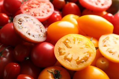 Photo of Different ripe juicy tomatoes as background, closeup
