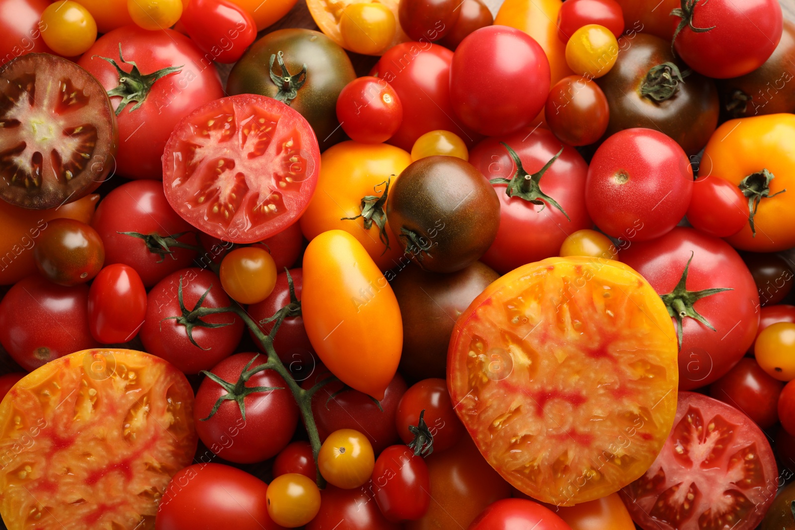Photo of Different ripe juicy tomatoes as background, closeup