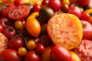 Photo of Different ripe juicy tomatoes as background, closeup