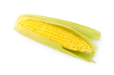 Photo of One tasty boiled corncob isolated on white, top view
