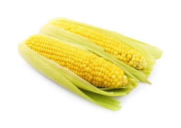 Photo of Two tasty boiled corncobs isolated on white