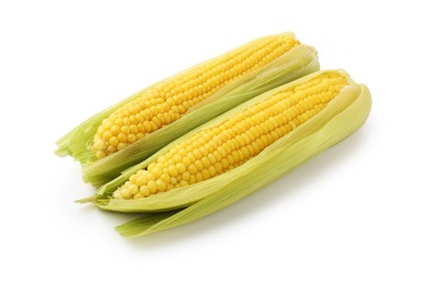 Photo of Two tasty boiled corncobs isolated on white