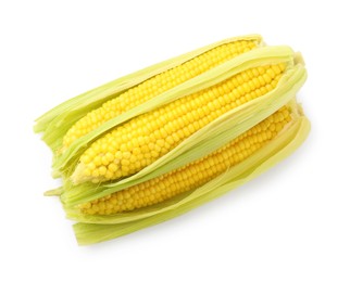 Photo of Three tasty boiled corncobs isolated on white, top view