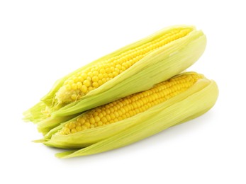 Photo of Three tasty boiled corncobs isolated on white