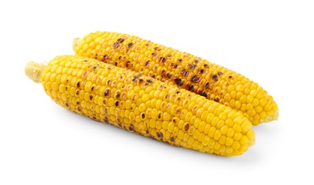 Photo of Two tasty grilled corncobs isolated on white