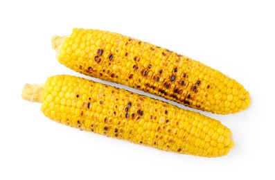 Photo of Two tasty grilled corncobs isolated on white, top view