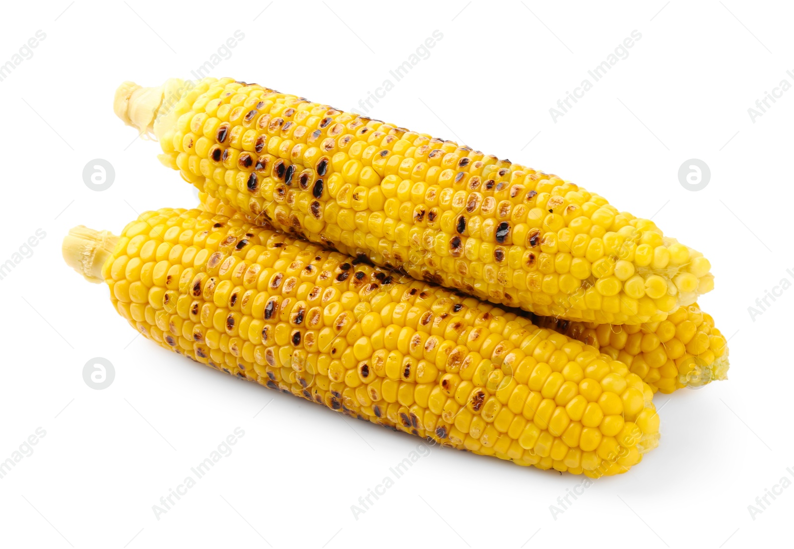 Three tasty grilled corncobs isolated on white Photo of Three tasty grilled corncobs isolated on white