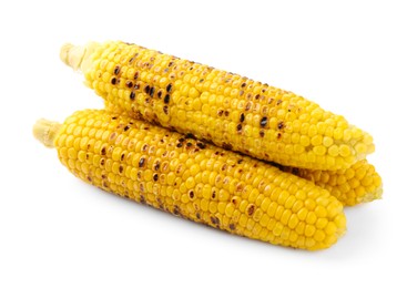 Photo of Three tasty grilled corncobs isolated on white