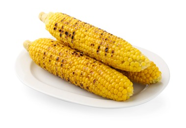 Photo of Three tasty grilled corncobs isolated on white