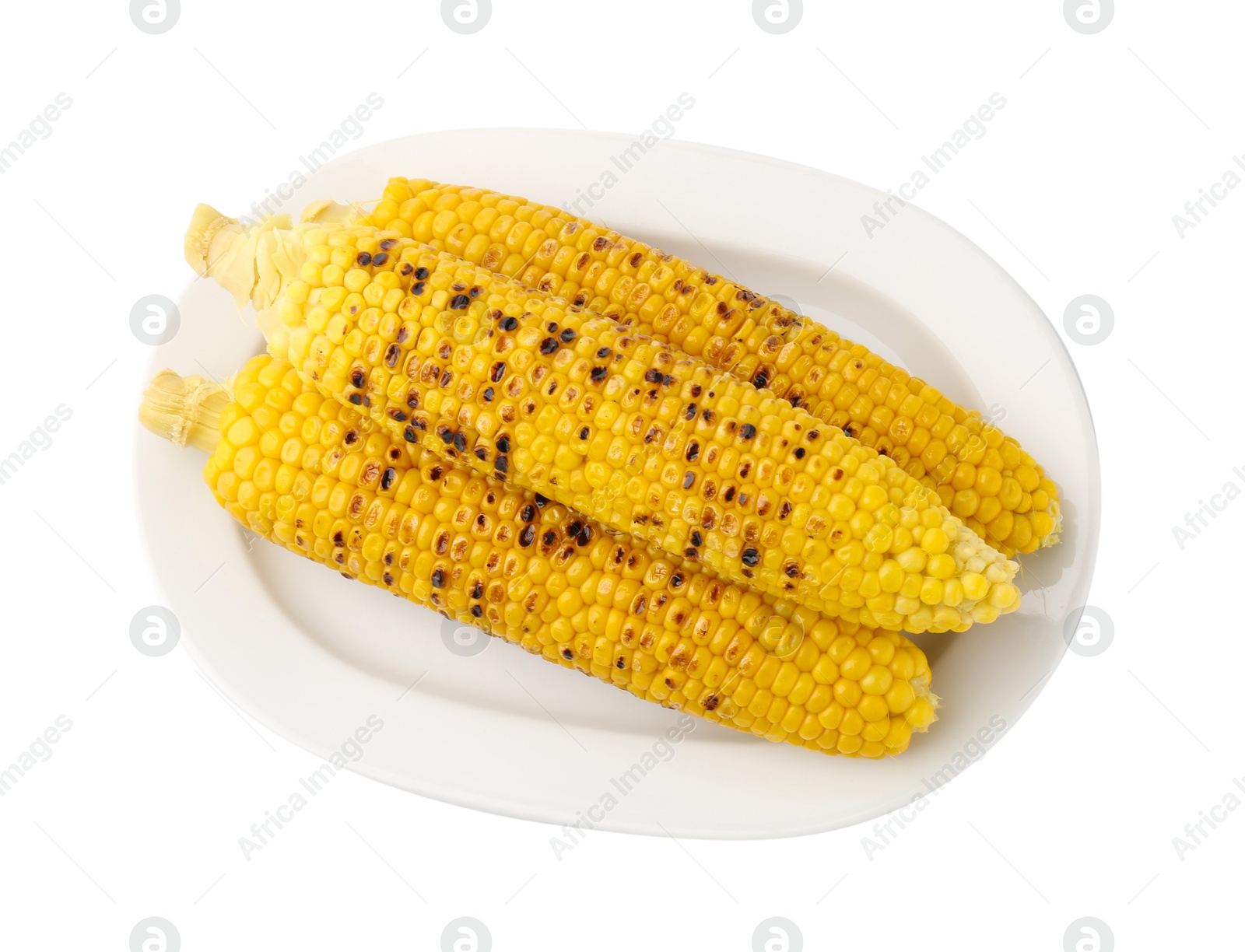 Three tasty grilled corncobs isolated on white, top view Photo of Three tasty grilled corncobs isolated on white, top view