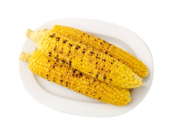 Photo of Three tasty grilled corncobs isolated on white, top view