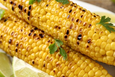 Photo of Tasty grilled corncobs with parsley and lime slices on table, closeup