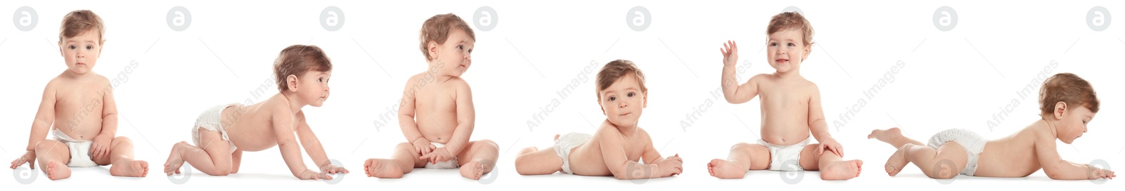 Image of Cute little baby on white background, collage of photos