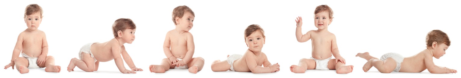 Image of Cute little baby on white background, collage of photos
