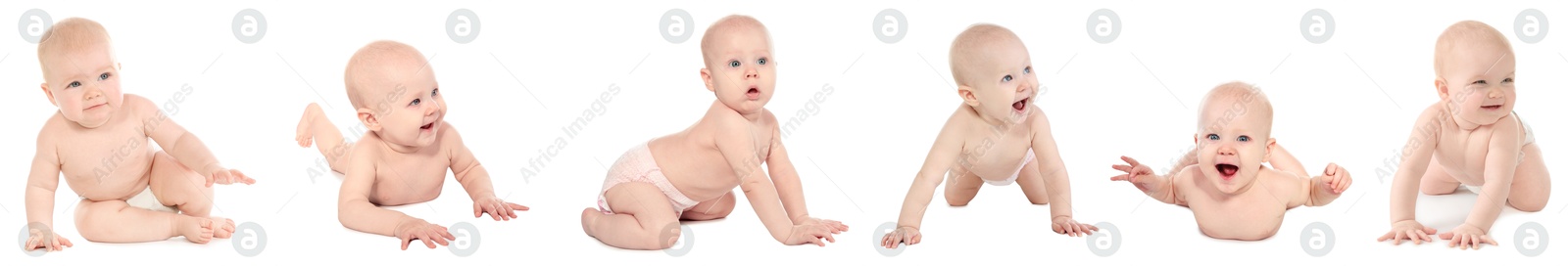 Image of Cute little baby on white background, collage of photos