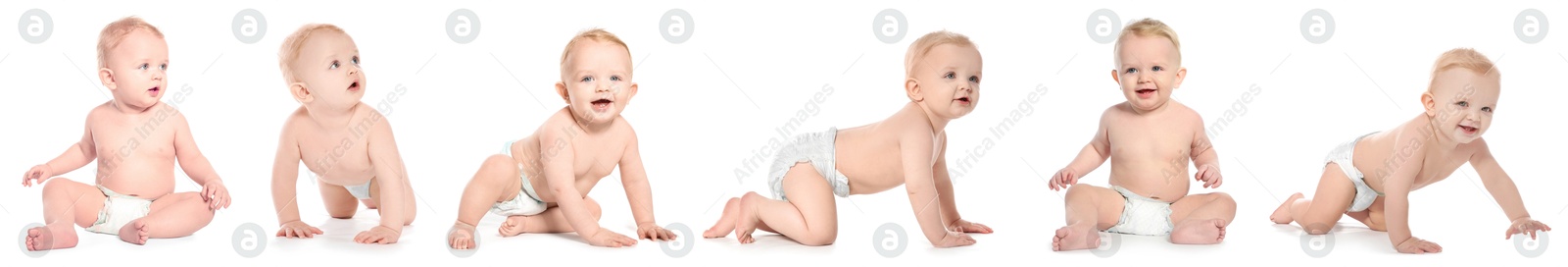 Cute little baby on white background, collage of photos Image of Cute little baby on white background, collage of photos