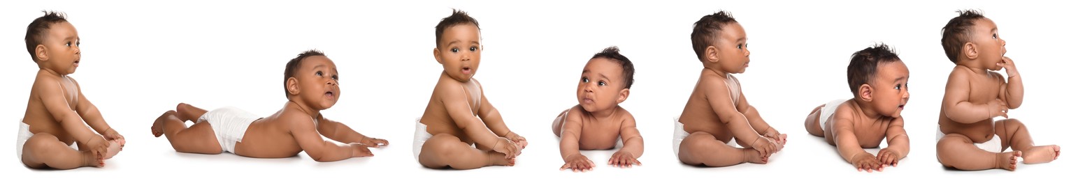 Image of Cute little baby on white background, collage of photos
