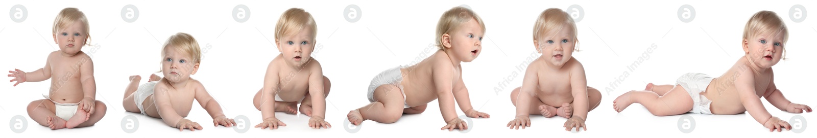Image of Cute little baby on white background, collage of photos