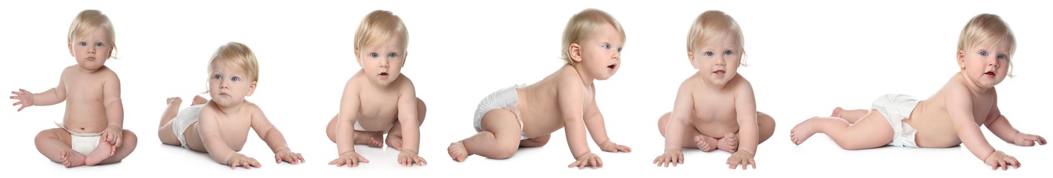 Image of Cute little baby on white background, collage of photos