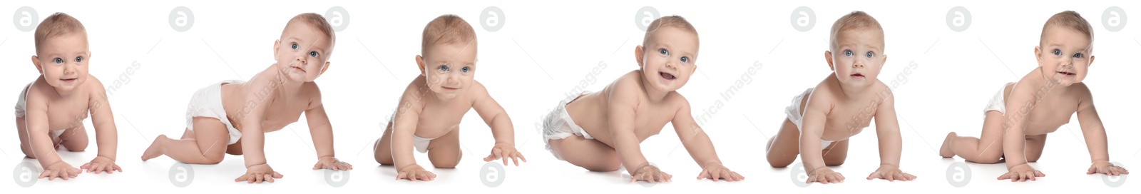 Image of Cute little baby on white background, collage of photos