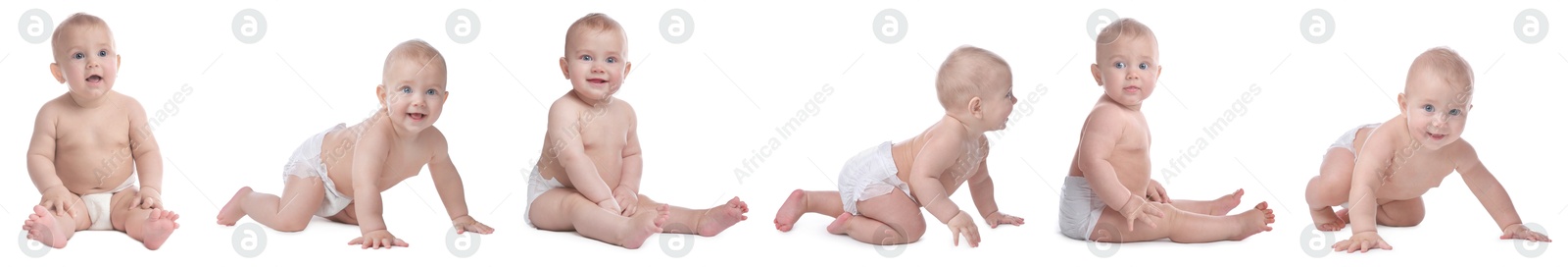Image of Cute little baby on white background, collage of photos