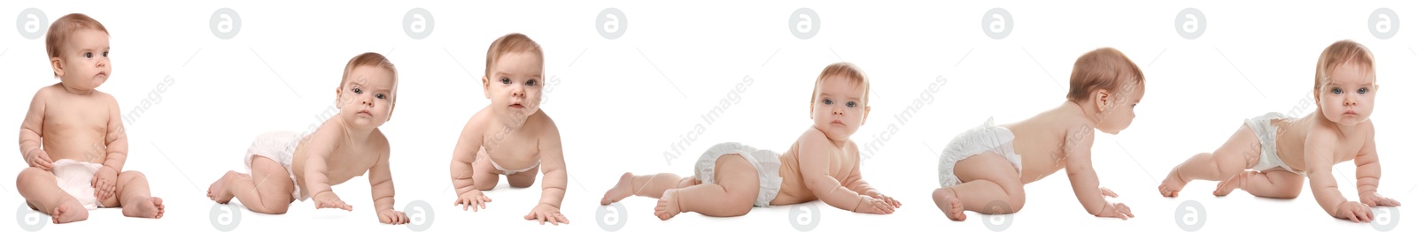 Image of Cute little baby on white background, collage of photos