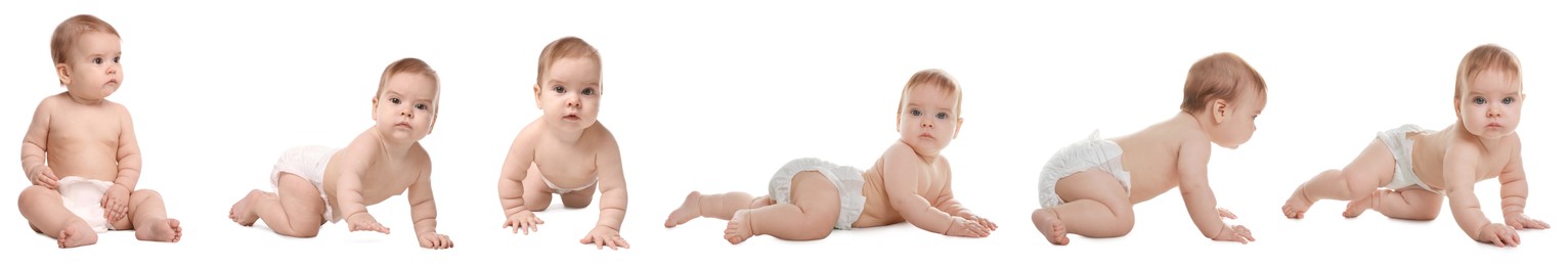Image of Cute little baby on white background, collage of photos