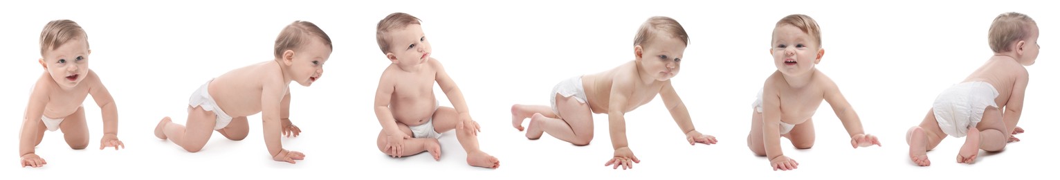Image of Cute little baby on white background, collage of photos