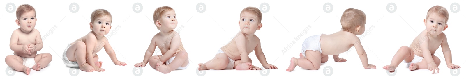 Image of Cute little baby on white background, collage of photos
