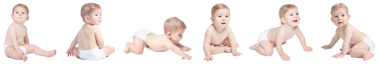 Image of Cute little baby on white background, collage of photos