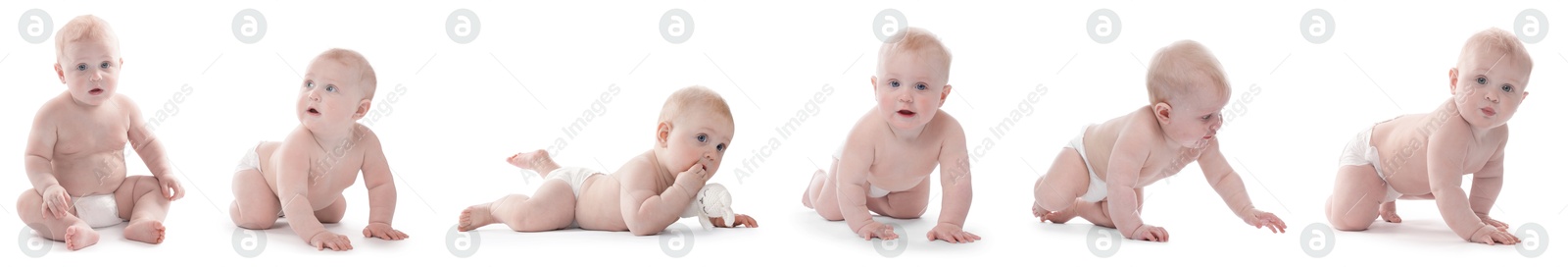 Image of Cute little baby on white background, collage of photos