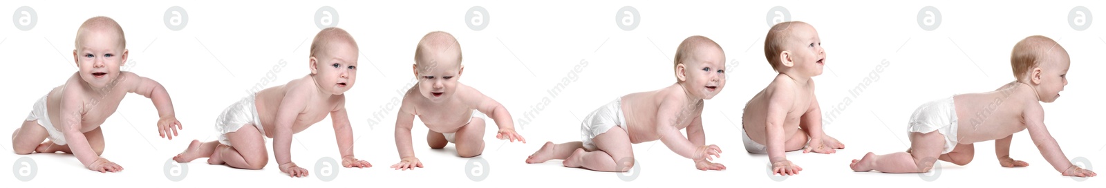 Image of Cute little baby on white background, collage of photos