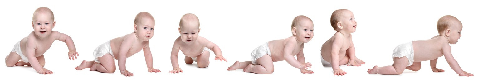 Image of Cute little baby on white background, collage of photos