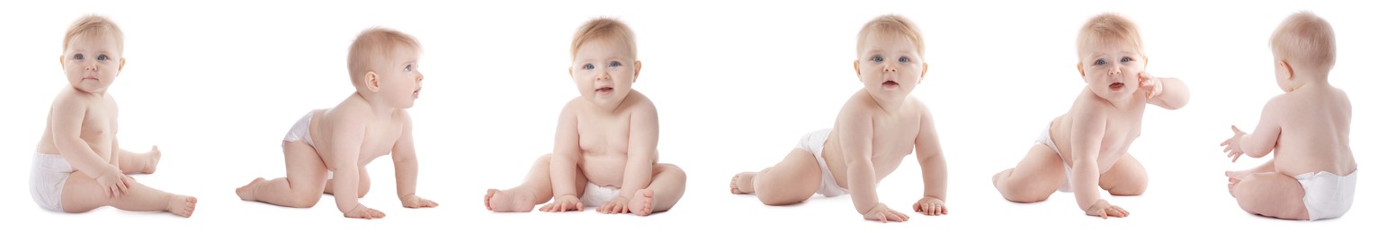 Image of Cute little baby on white background, collage of photos