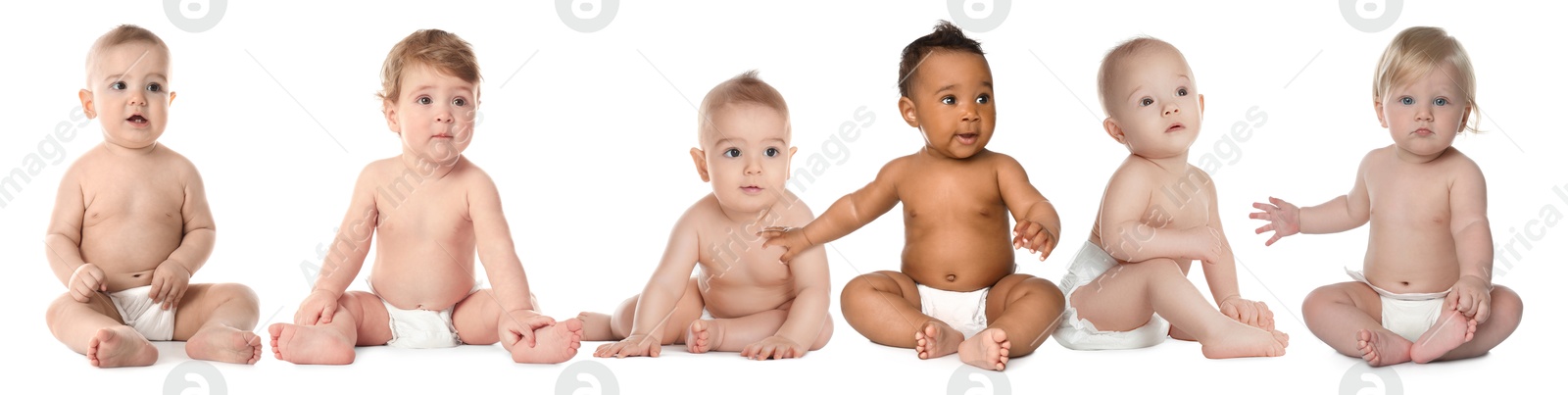 Image of Cute little babies on white background, collage