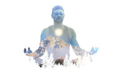 Image of Man meditating in lotus position against white background. Multiple exposure with mountain landscape and trees. Yoga revealing inner world