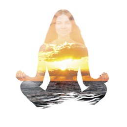 Image of Woman meditating in lotus position against white background. Double exposure with seascape at sunset. Yoga revealing inner world