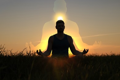 Image of Man practicing meditation in nature. Sun above his head. Silhouette around - as aura
