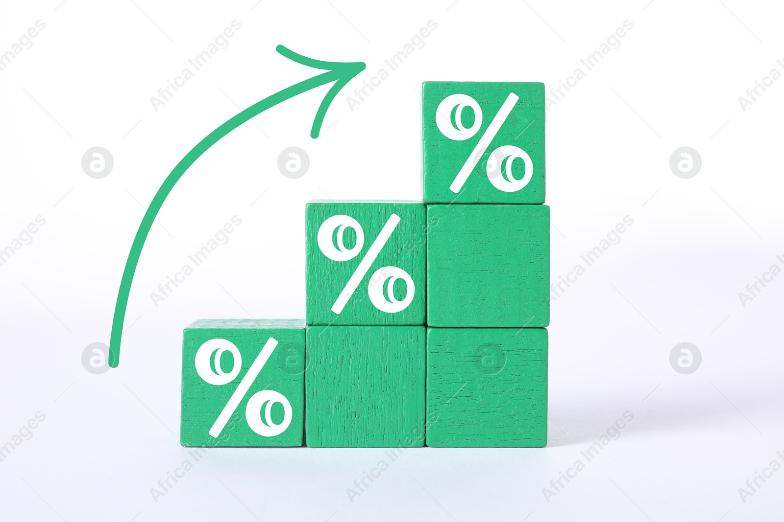 Image of Percent signs on green cubes and arrow against white background